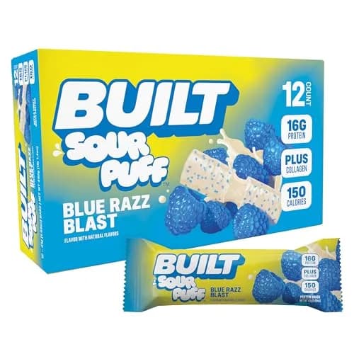 BUILT Sour Puff Protein Bar Blue Razz Blast 12 Count | 16g Protein Snack Bar with Collagen thumbnail 1