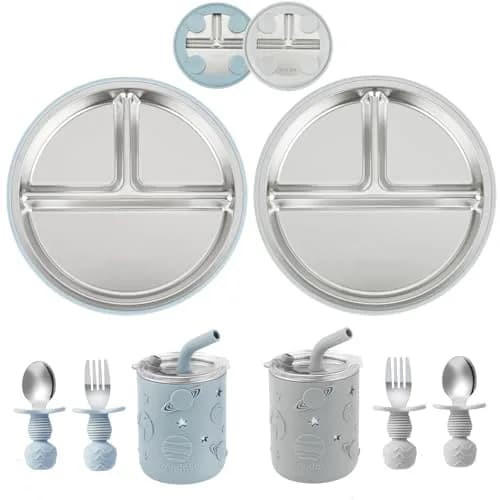 PandaEar Stainless Steel Baby Feeding Set | 2 Divided Plates, 2 Straw Cups, 2 Utensil Sets | BPA-Free, Dishwasher Safe (Blue & Grey) thumbnail 1