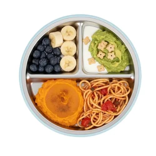 PandaEar Stainless Steel Baby Feeding Set | 2 Divided Plates, 2 Straw Cups, 2 Utensil Sets | BPA-Free, Dishwasher Safe (Blue & Grey) thumbnail 4
