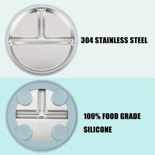 PandaEar Stainless Steel Baby Feeding Set | 2 Divided Plates, 2 Straw Cups, 2 Utensil Sets | BPA-Free, Dishwasher Safe (Blue & Grey) thumbnail 6