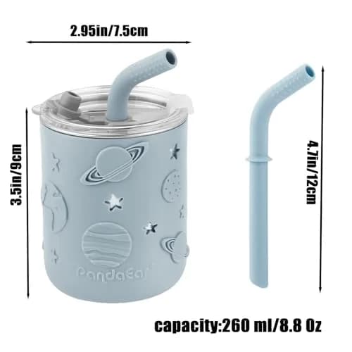 PandaEar Stainless Steel Baby Feeding Set | 2 Divided Plates, 2 Straw Cups, 2 Utensil Sets | BPA-Free, Dishwasher Safe (Blue & Grey) thumbnail 8