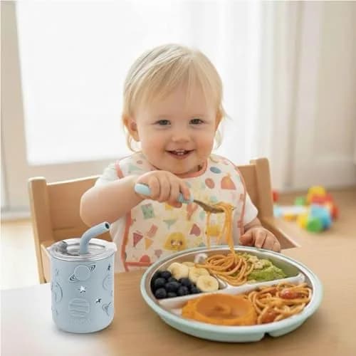 PandaEar Stainless Steel Baby Feeding Set | 2 Divided Plates, 2 Straw Cups, 2 Utensil Sets | BPA-Free, Dishwasher Safe (Blue & Grey) thumbnail 2