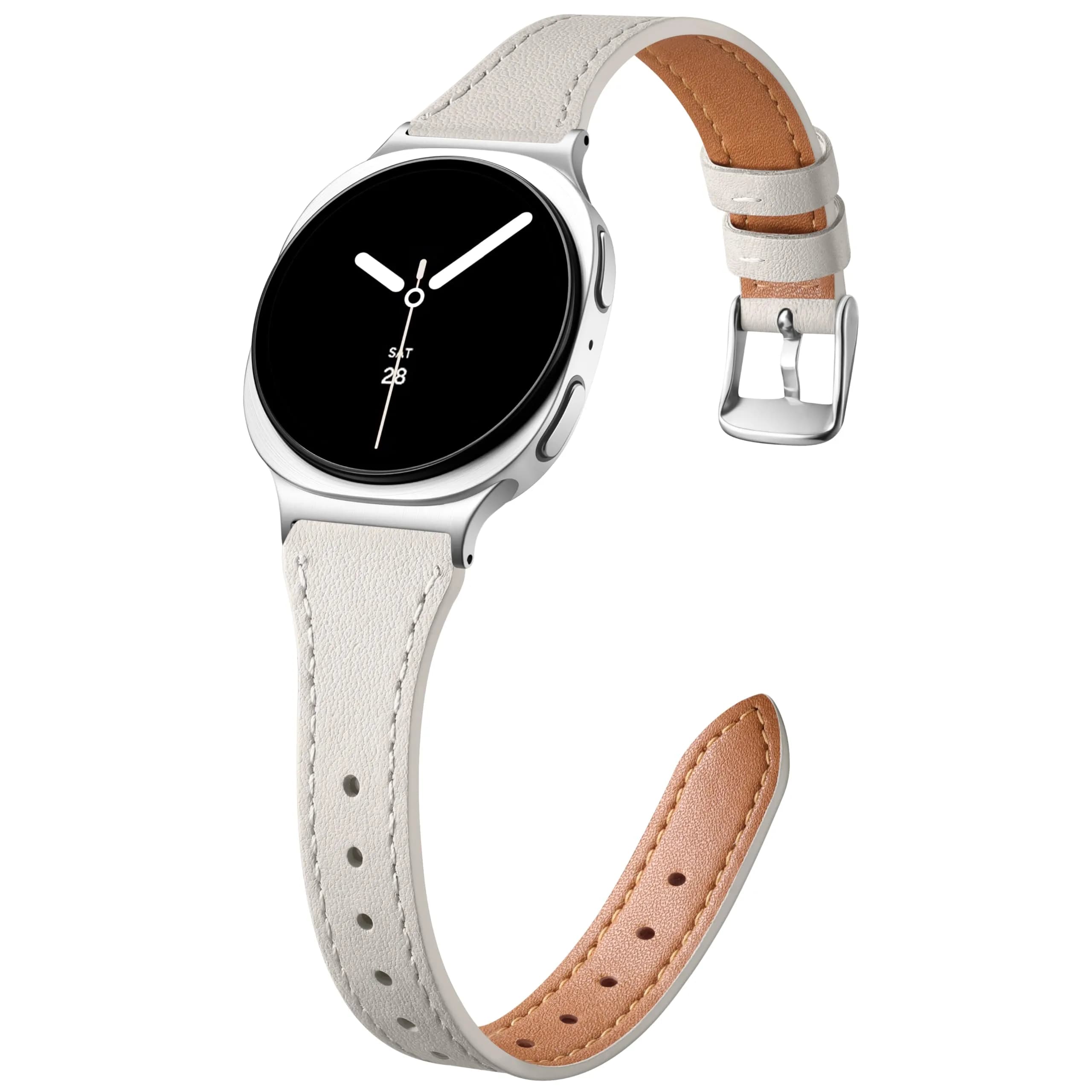 GEAK Slim Leather Band Compatible with Samsung Galaxy Watch 9 8 40mm 44mm/Watch 8 Classic 46mm Beige with Silver Buckle | Genuine Leather Replacement Dressy Strap for Women — Beige with Silver Buckle
