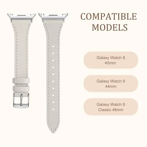 GEAK Slim Leather Band Compatible with Samsung Galaxy Watch 9 8 40mm 44mm/Watch 8 Classic 46mm Beige with Silver Buckle | Genuine Leather Replacement Dressy Strap for Women thumbnail 4