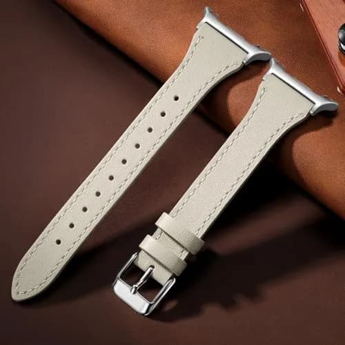 GEAK Slim Leather Band Compatible with Samsung Galaxy Watch 9 8 40mm 44mm/Watch 8 Classic 46mm Beige with Silver Buckle | Genuine Leather Replacement Dressy Strap for Women thumbnail 5