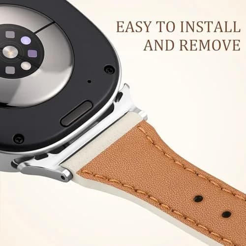 GEAK Slim Leather Band Compatible with Samsung Galaxy Watch 9 8 40mm 44mm/Watch 8 Classic 46mm Beige with Silver Buckle | Genuine Leather Replacement Dressy Strap for Women thumbnail 9