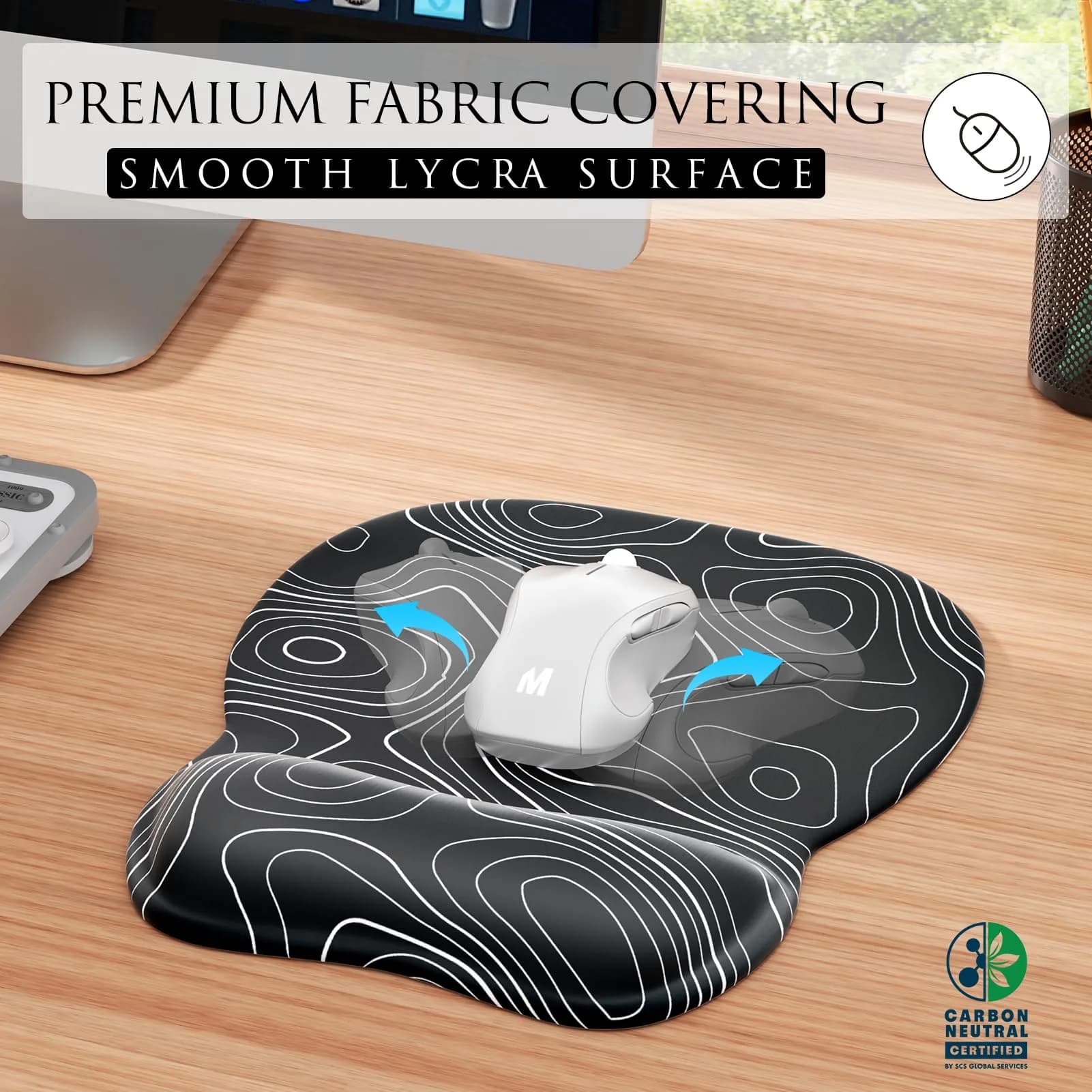 MROCO Ergonomic Gel Wrist Rest Mouse Pad Black Topographic 9.4 x 8.1 in | Smooth Lycra Surface for Precise Control
