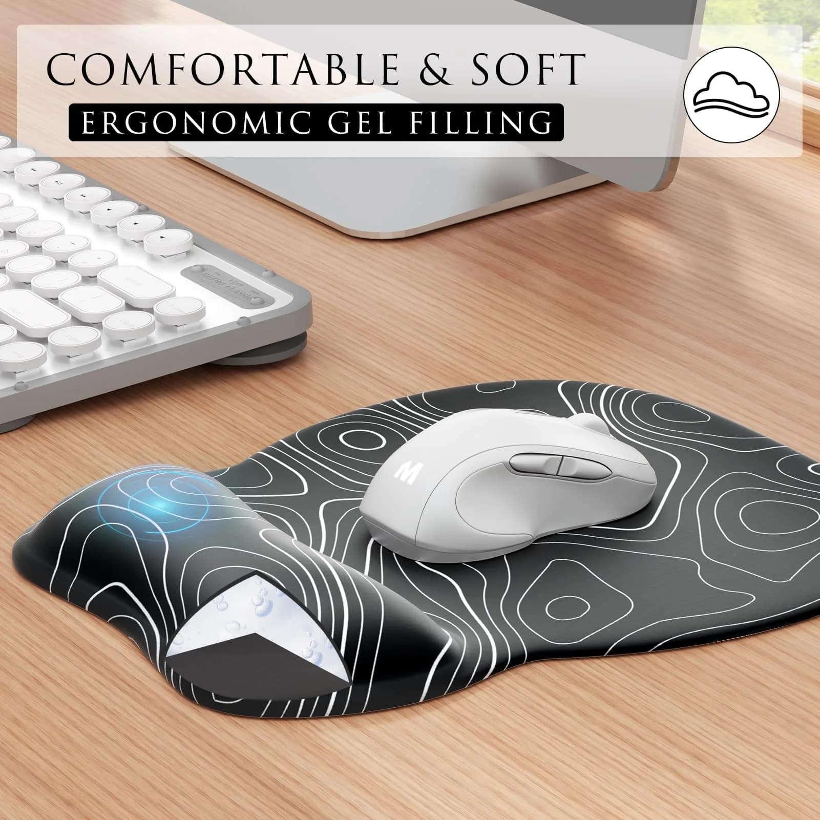 MROCO Ergonomic Gel Wrist Rest Mouse Pad Black Topographic 9.4 x 8.1 in | Smooth Lycra Surface for Precise Control thumbnail 2