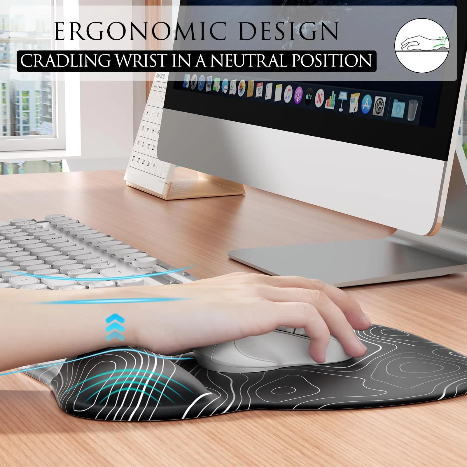 MROCO Ergonomic Gel Wrist Rest Mouse Pad Black Topographic 9.4 x 8.1 in | Smooth Lycra Surface for Precise Control thumbnail 3