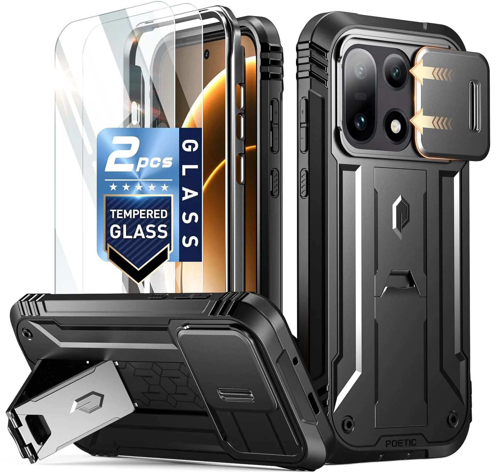 Poetic Revolution Case for OnePlus 15 5G | Black, Full-Body Rugged Dual-Layer Shockproof Case with Kickstand & Slide Camera Cover — Black