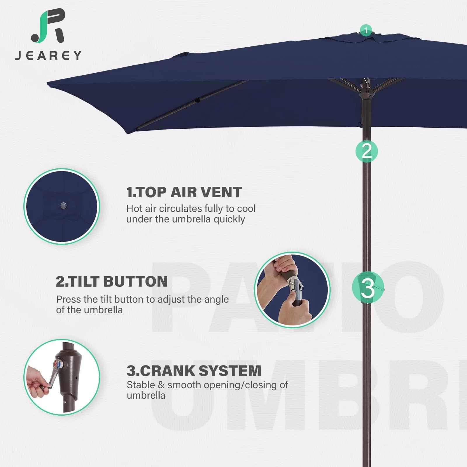 JEAREY 6.5 x 10 ft Rectangular Patio Umbrella w/Crank, Navy | Sun-resistant, Wind Vent, Water-resistant Fabric thumbnail 7
