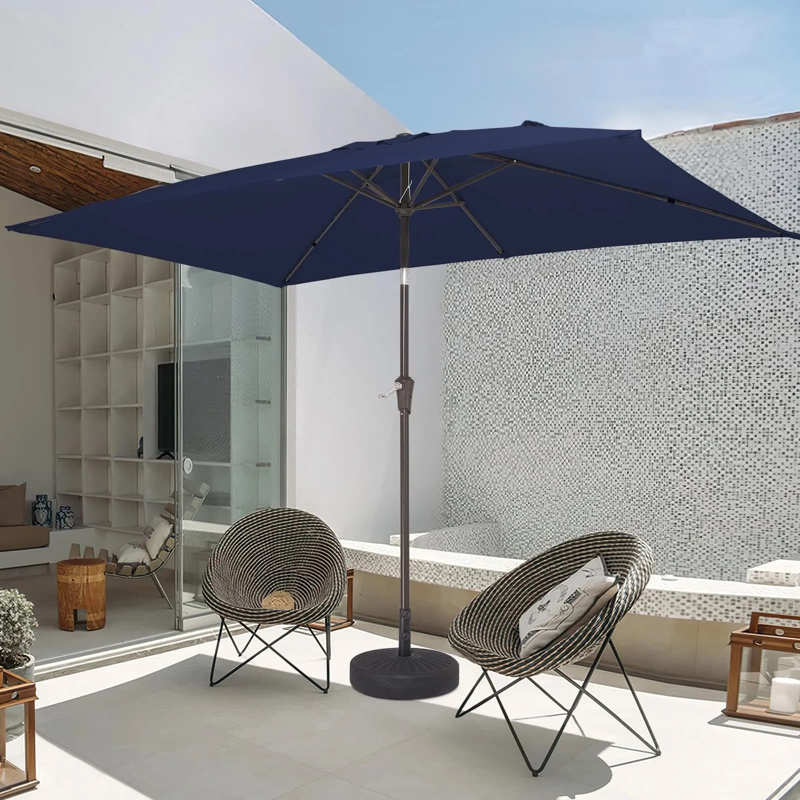 JEAREY 6.5 x 10 ft Rectangular Patio Umbrella w/Crank, Navy | Sun-resistant, Wind Vent, Water-resistant Fabric thumbnail 8