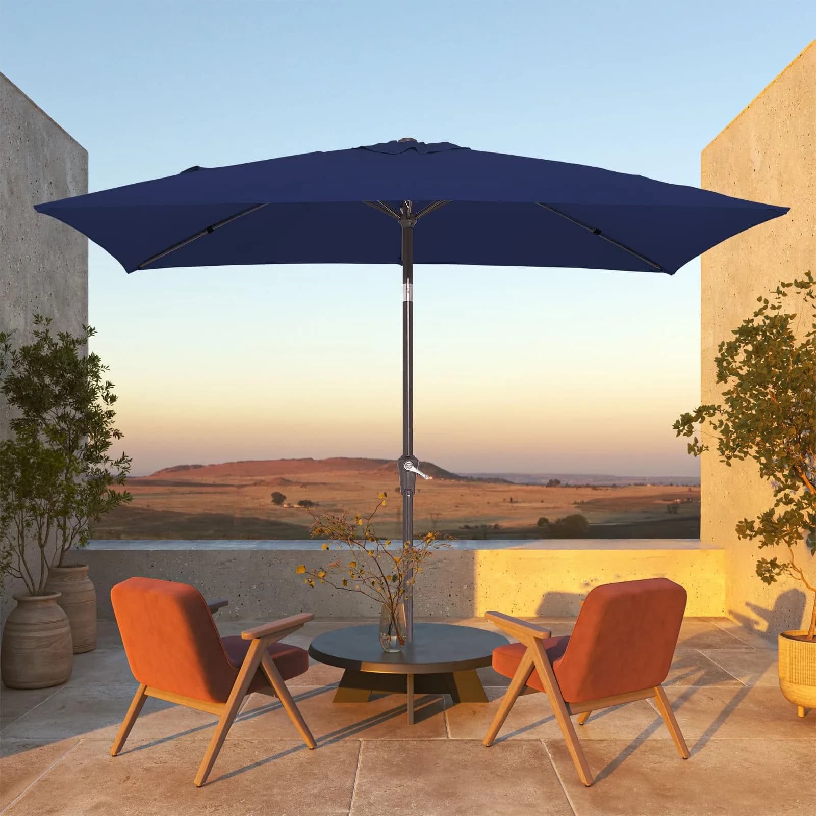 JEAREY 6.5 x 10 ft Rectangular Patio Umbrella w/Crank, Navy | Sun-resistant, Wind Vent, Water-resistant Fabric thumbnail 2