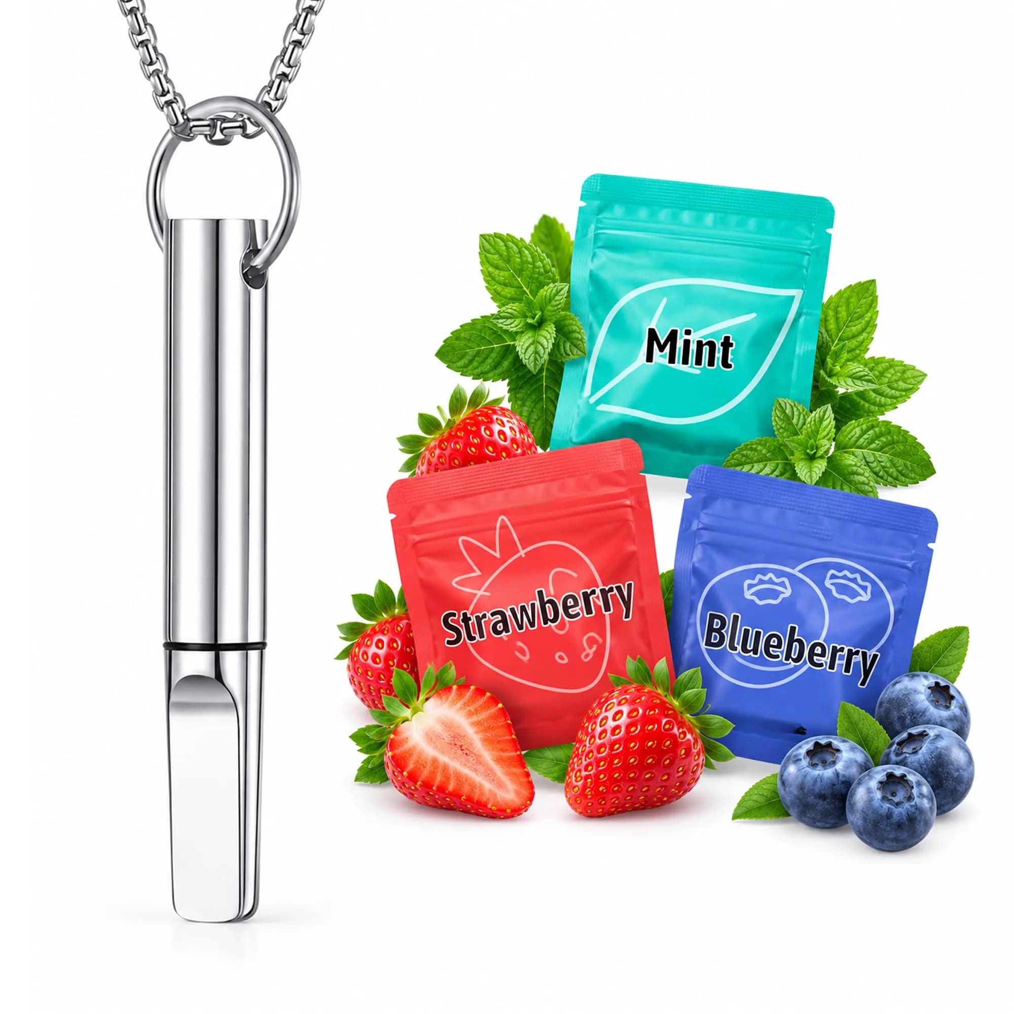 BALSALTA Breathe Necklace, Silver | Mindful Breathing Accessory with 3 Fruit Mint Inserts