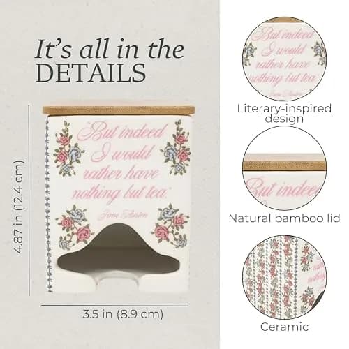 Steel Mill & Co Ceramic Tea Bag Dispenser, Jane Austen Quote | Elegant Kitchen Organizer for Tea Bags thumbnail 8