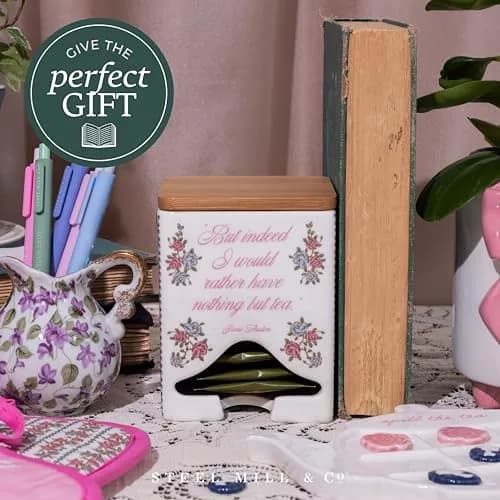 Steel Mill & Co Ceramic Tea Bag Dispenser, Jane Austen Quote | Elegant Kitchen Organizer for Tea Bags thumbnail 9