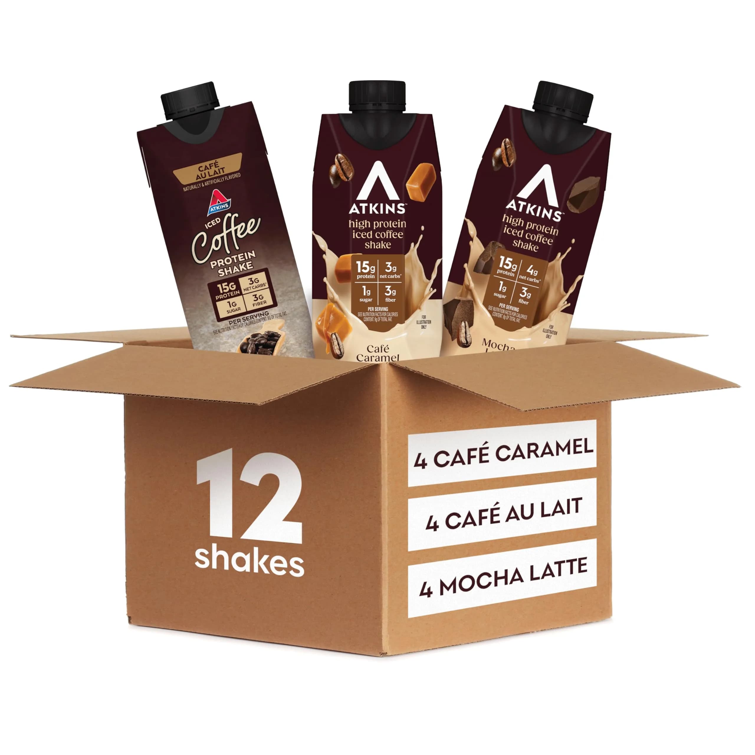 Atkins Coffee Lovers High Protein Shake Variety Pack 11 fl oz (325 mL) | 15g Protein, Low Sugar, Gluten-Free