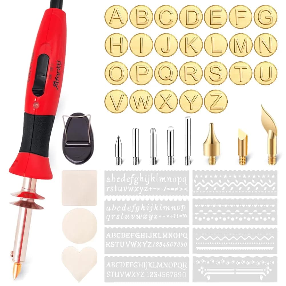Afantti Wood Burning Pen Kit Leather Burner Tool | 26 Letter | 8 Stencil | Adjustable Temp