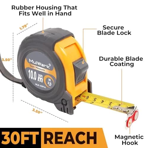 MulWark 30ft (9.14m) Retractable Metal Tape Measure | Professional Grade with Magnetic Hook & Dual Markings thumbnail 2