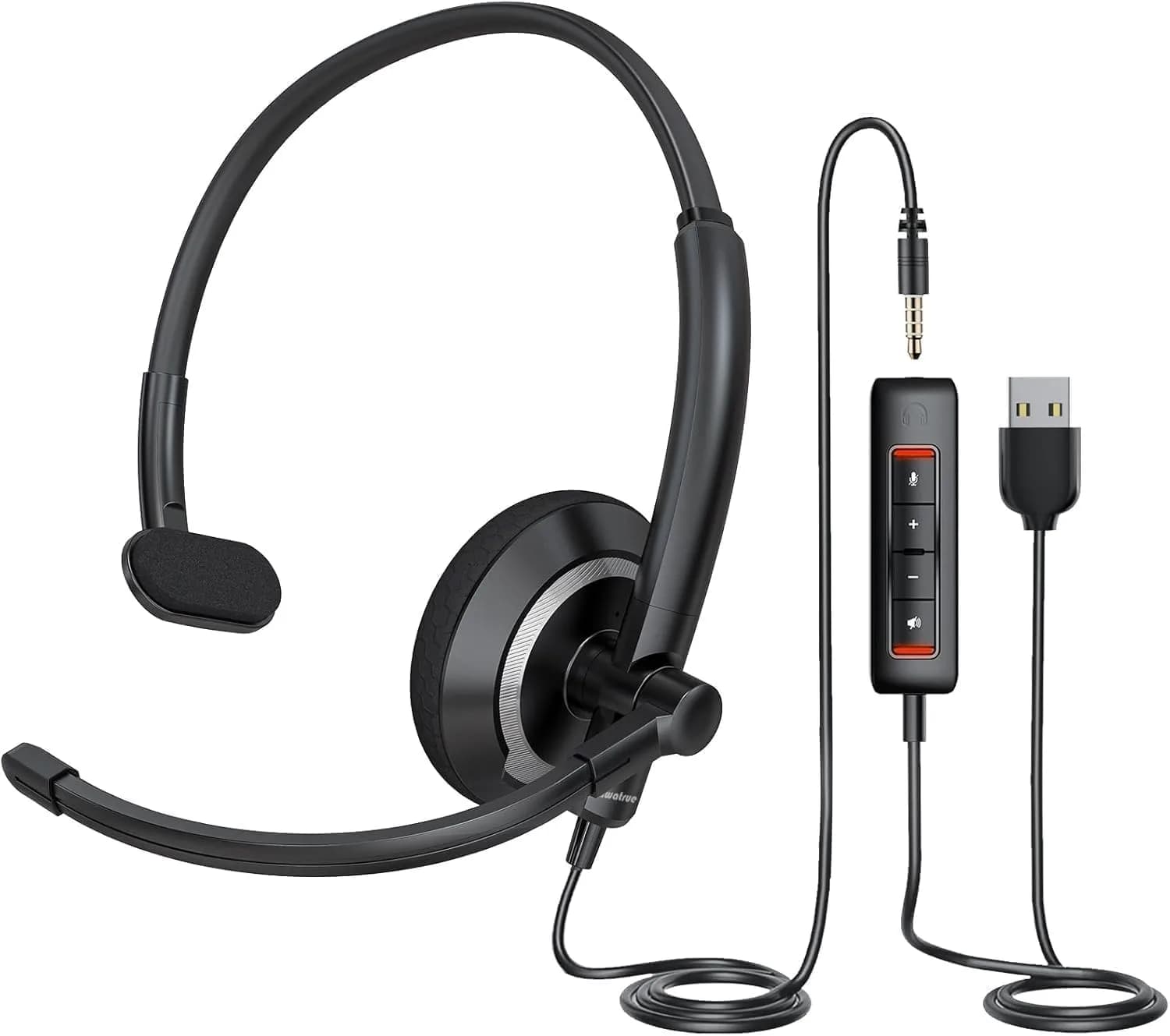 awatrue Single Ear USB Headset with Microphone for PC Lightweight | Dual 3.5mm & USB Connectivity — Black