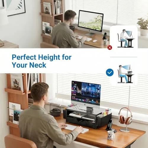 OPNICE 2-Tier Monitor Stand Riser with Drawer and Pen Holders, Laptop Stand, 1.67 kg (3.3 lb), Black-Ventilated | Ergonomic Design for Office Supplies thumbnail 3