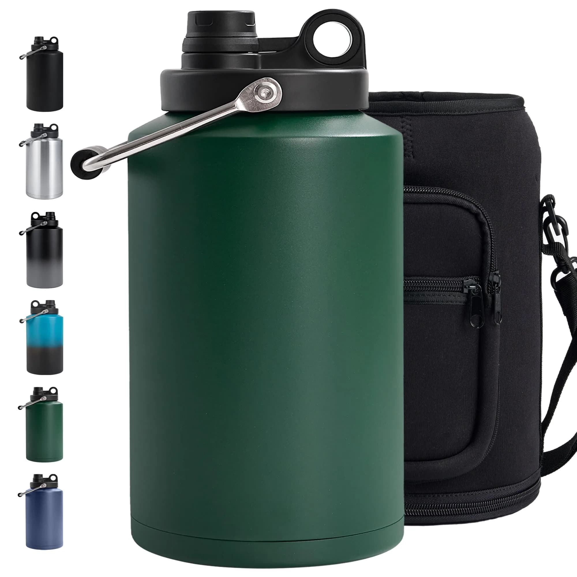 Kerilyn Insulated Gallon Jug with Handle, 3785ml (128 Ounces) | Keeps Drinks Cold 48 Hrs, Hot 24 Hrs — Green / Bucket + Bag