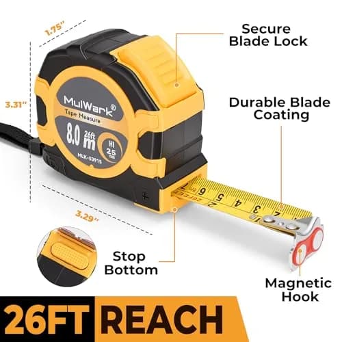 MulWark 26ft (8m) Retractable Tape Measure with Double Secure Blade Lock & Magnetic Hook | Professional Grade for Construction & Woodworking thumbnail 2
