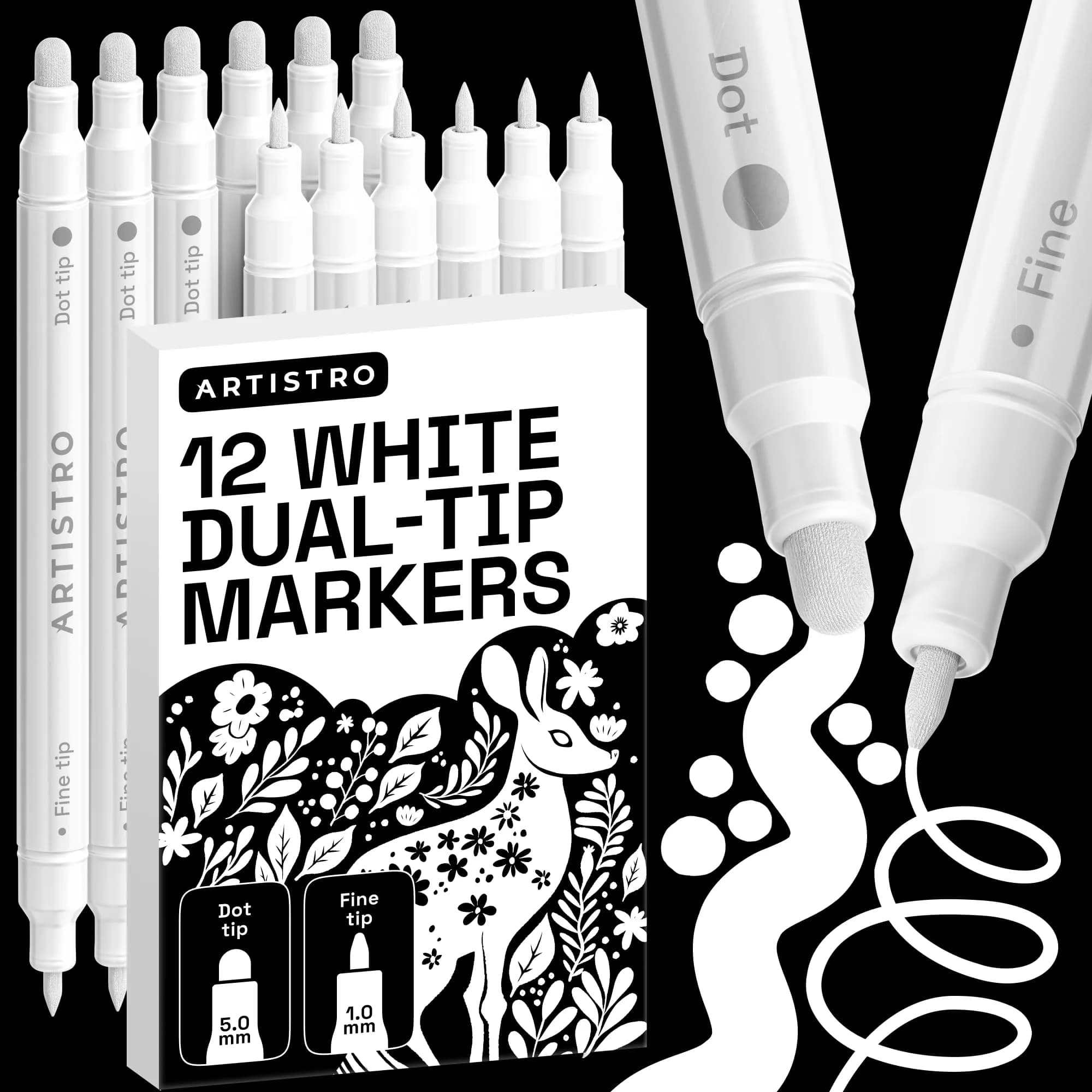ARTISTRO White Dual-Tip Acrylic Paint Marker Pens Set of 12 | ASTM D-4236 Certified