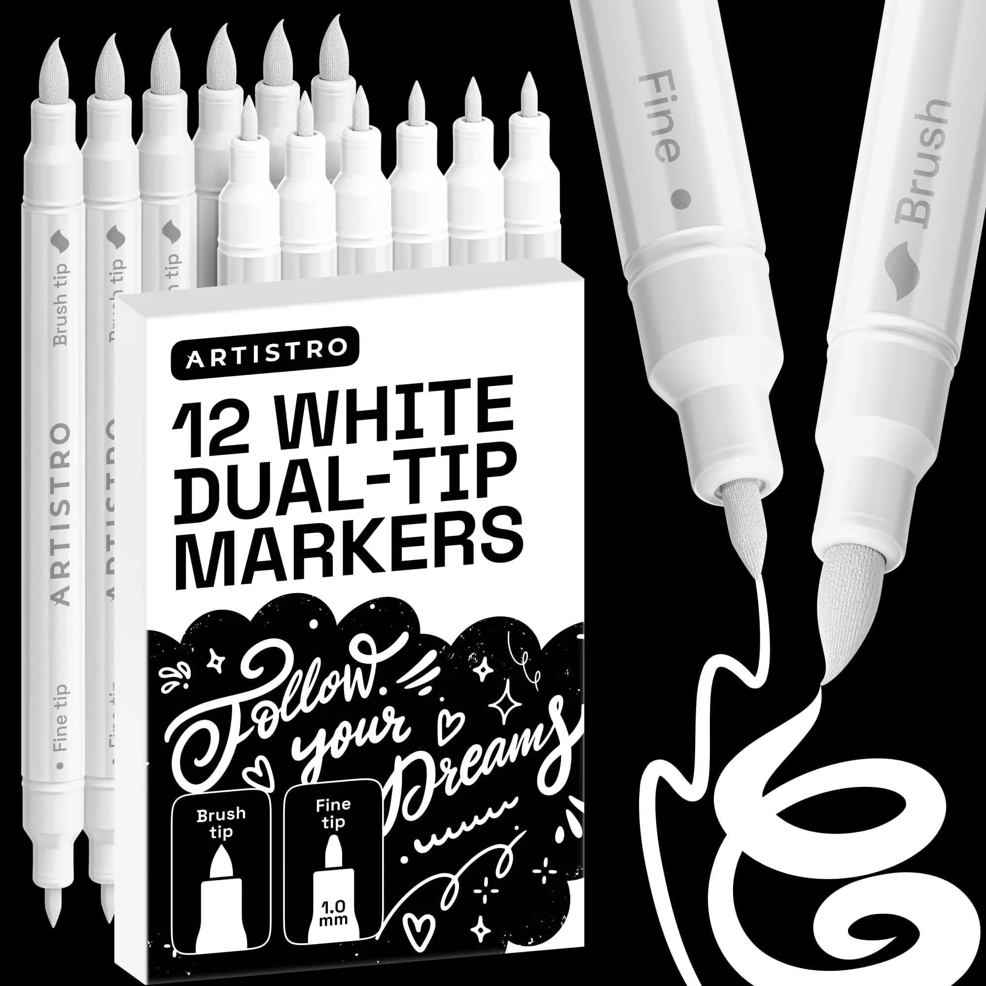 ARTISTRO White Dual-Tip Acrylic Paint Marker Pens (12 Count) | ASTM D-4236 Certified Non-Toxic