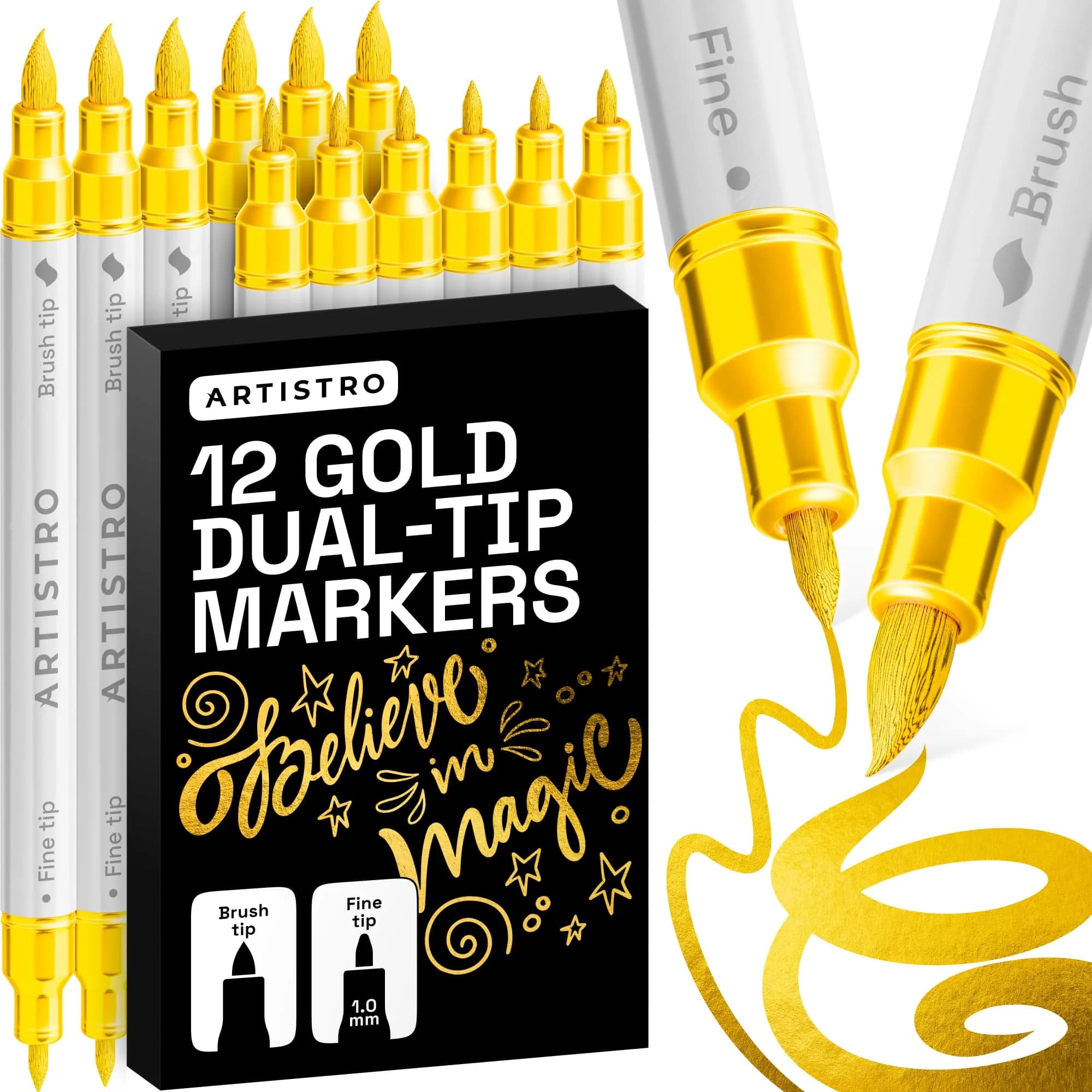 ARTISTRO Gold Acrylic Paint Markers Dual Tip (12 Count) | Non-Toxic & Multi-Surface Art Pens