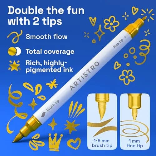 ARTISTRO Gold Acrylic Paint Markers Dual Tip (12 Count) | Non-Toxic & Multi-Surface Art Pens thumbnail 2