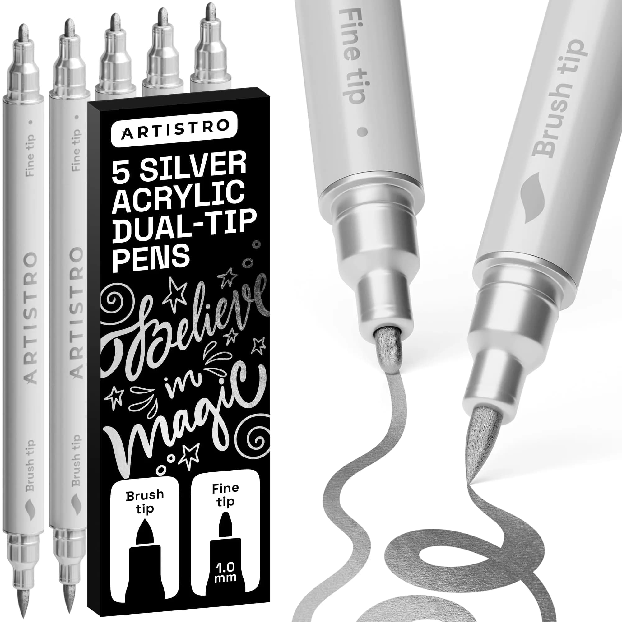 ARTISTRO Silver Dual-Tip Acrylic Paint Marker Pens 5-Pack | ASTM D-4236 Certified