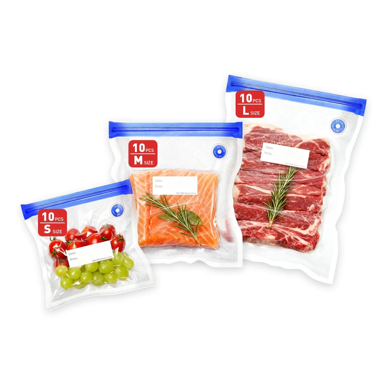 ZABINS Reusable Vacuum Sealer Bags (30 Pcs, 10 S + 10 M + 10 L) | BPA-Free Food Storage for Sous Vide, Freezer, Microwave