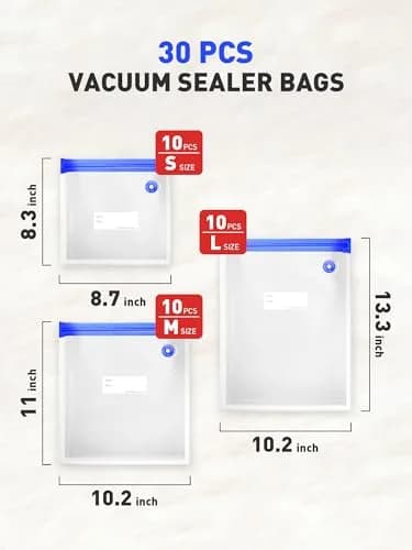 ZABINS Reusable Vacuum Sealer Bags (30 Pcs, 10 S + 10 M + 10 L) | BPA-Free Food Storage for Sous Vide, Freezer, Microwave thumbnail 2