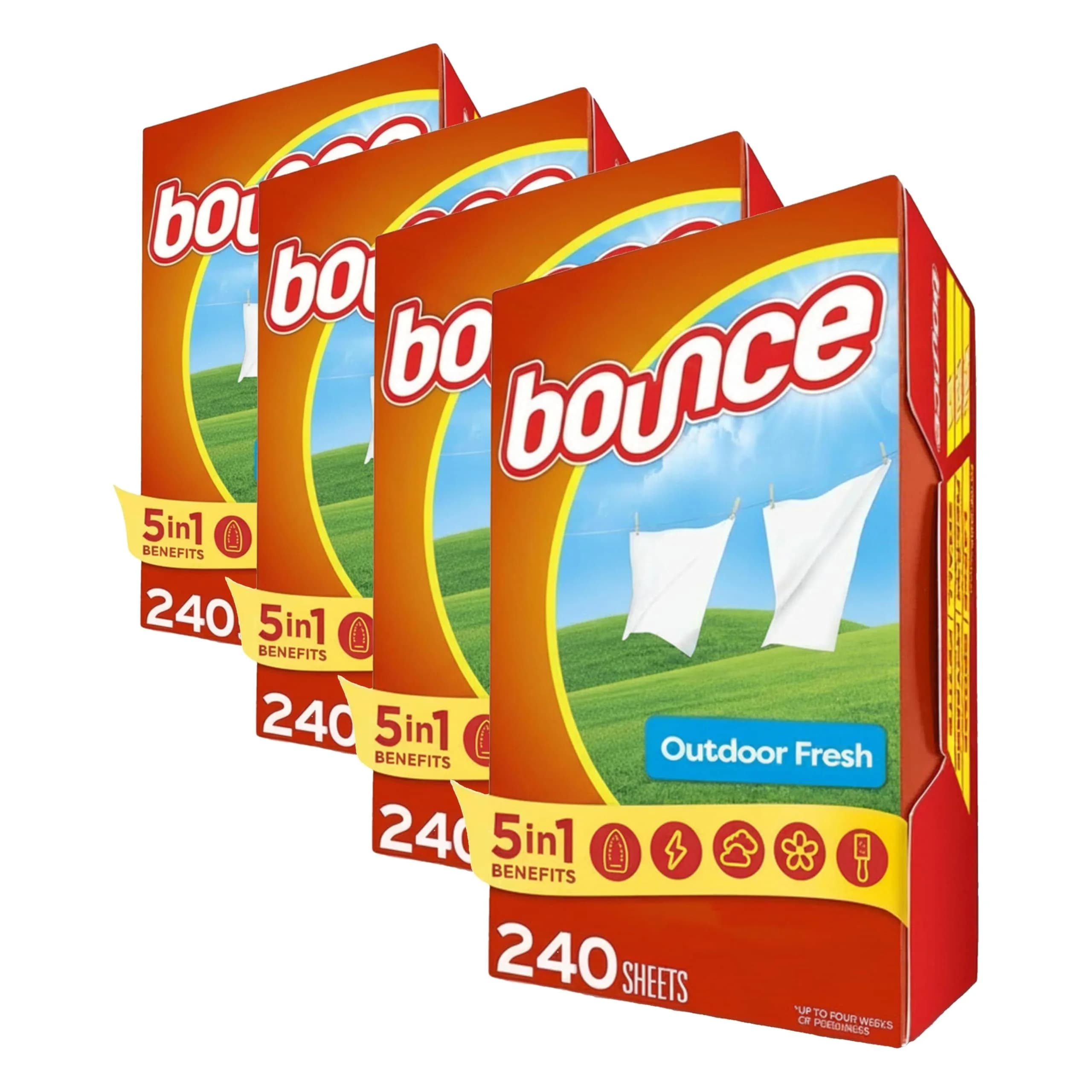 Bounce Outdoor Fresh Dryer Sheets 480 Count (2 Packs of 240) | Static Control & Wrinkle Reduction — Pack of 4