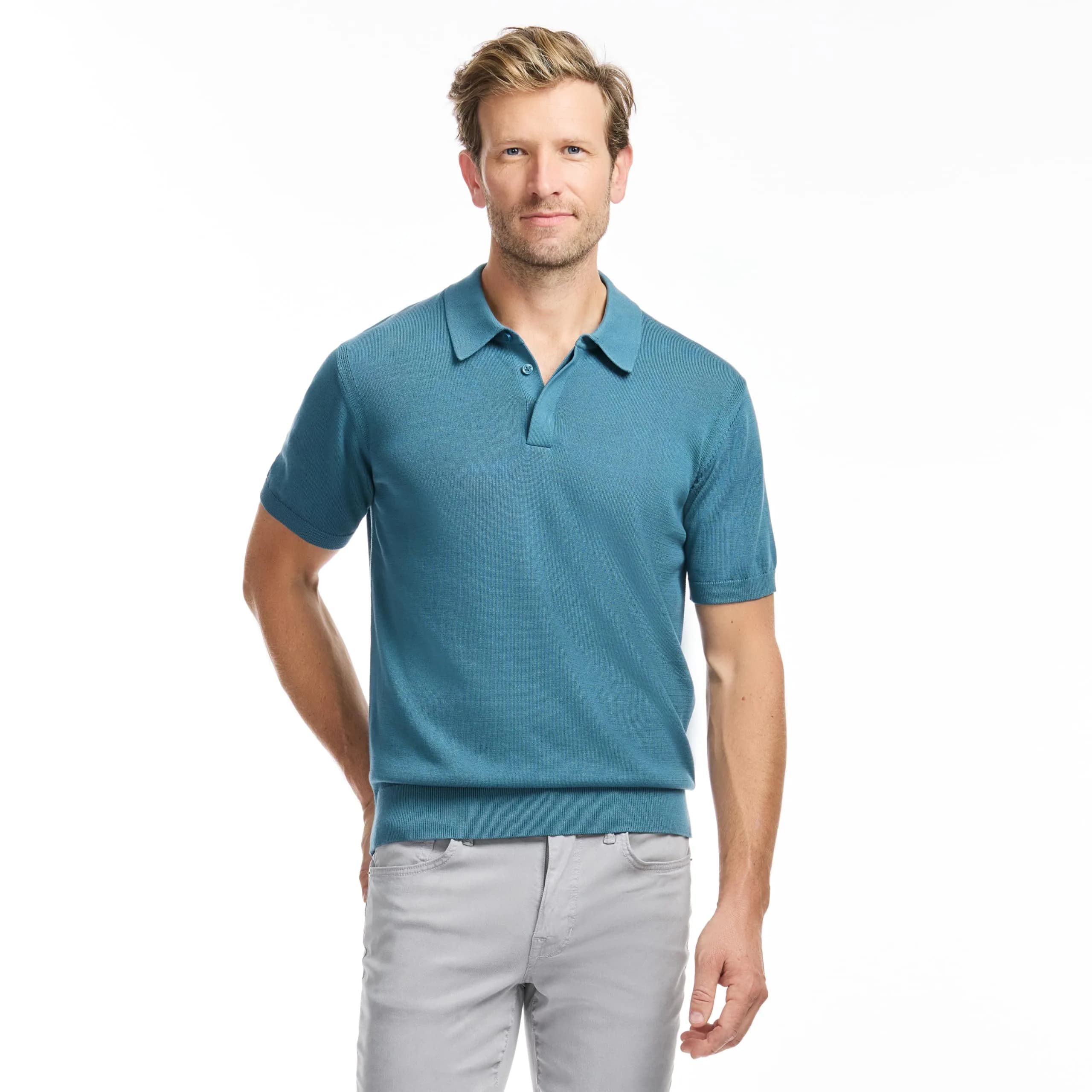 SAKS Fifth Avenue Men's Short Sleeve Rib Knit Sweater Polo, Premium Cotton Blend Knit Top, Classic-Fit & Richly Detailed, Teal, XS | Modern Casual Elegance - main product image