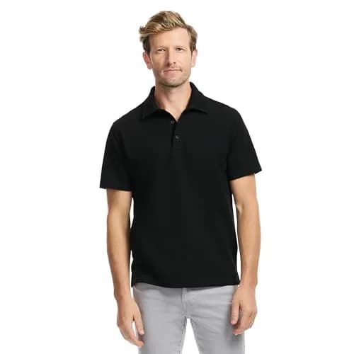 SAKS FIFTH AVENUE Men's Short Sleeve Textured Pique Polo | Premium Cotton Blend Knit Top, Classic-Fit & Richly Detailed, Black, M thumbnail 1