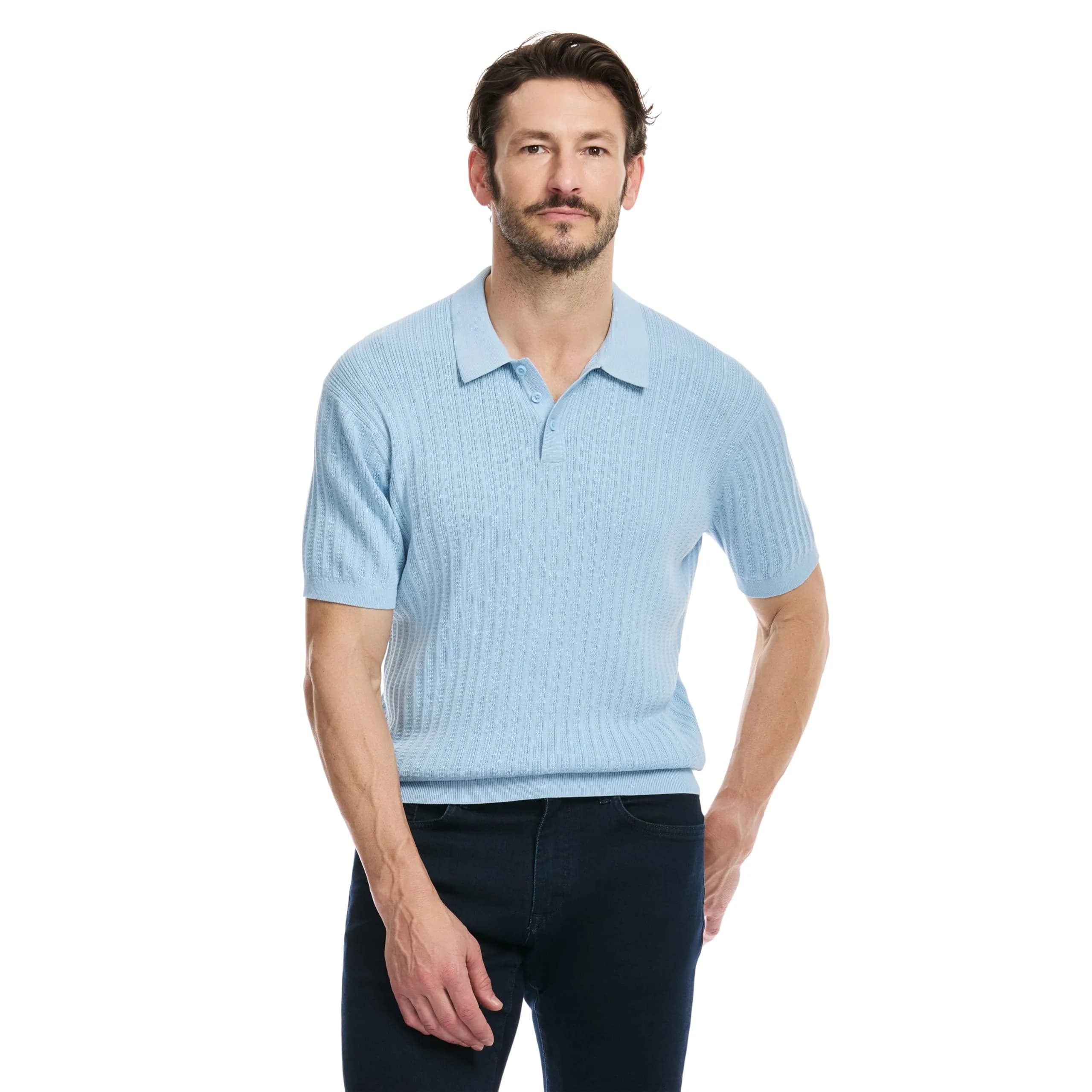 SAKS Fifth Avenue Men's Short Sleeve Vertical Texture Rib Knit Sweater Polo, Premium Cotton Blend Knit Top, Classic-Fit & Richly Detailed, Sky Blue, M — Sky Blue