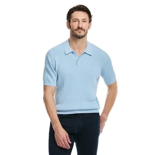 SAKS Fifth Avenue Men's Short Sleeve Vertical Texture Rib Knit Sweater Polo, Premium Cotton Blend Knit Top, Classic-Fit & Richly Detailed, Sky Blue, M thumbnail 1