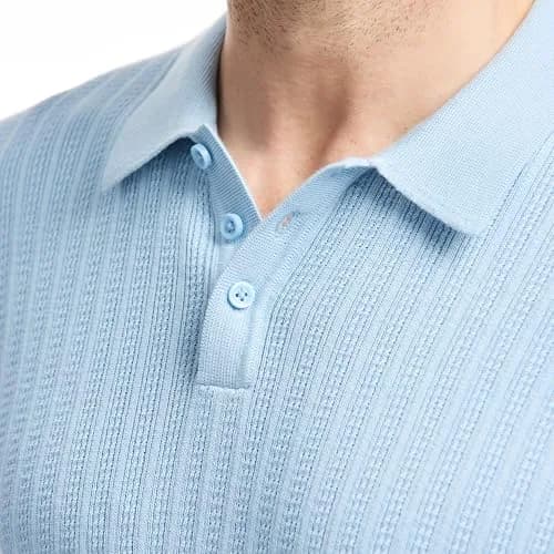 SAKS Fifth Avenue Men's Short Sleeve Vertical Texture Rib Knit Sweater Polo, Premium Cotton Blend Knit Top, Classic-Fit & Richly Detailed, Sky Blue, M thumbnail 2