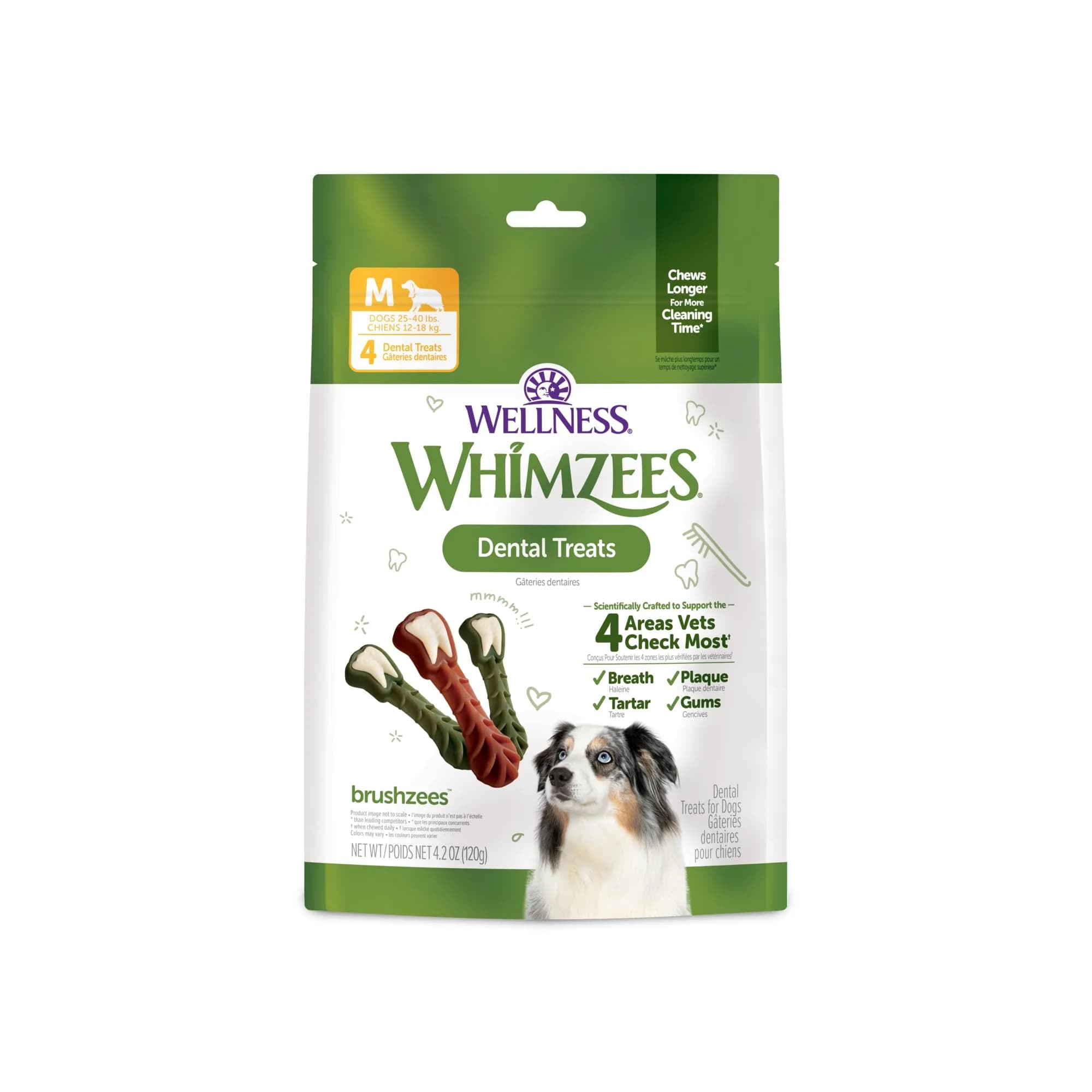 Whimzees Brushzees Natural Dog Dental Treat Small Size 4.2 oz (119 g) Bag, 8 Count | VOHC Accepted Chews for Daily Dental Care — Medium Size