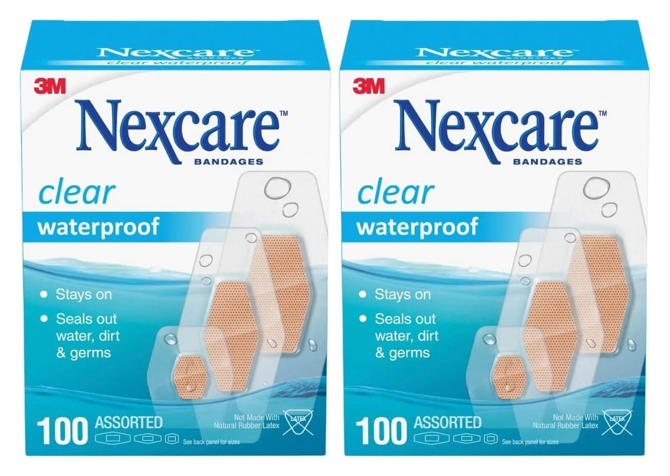 Nexcare Waterproof Clear Bandages Assorted Sizes 200 Count (100 Count Pack of 2) | 360 Degree Seal for Water, Dirt, Germ Protection