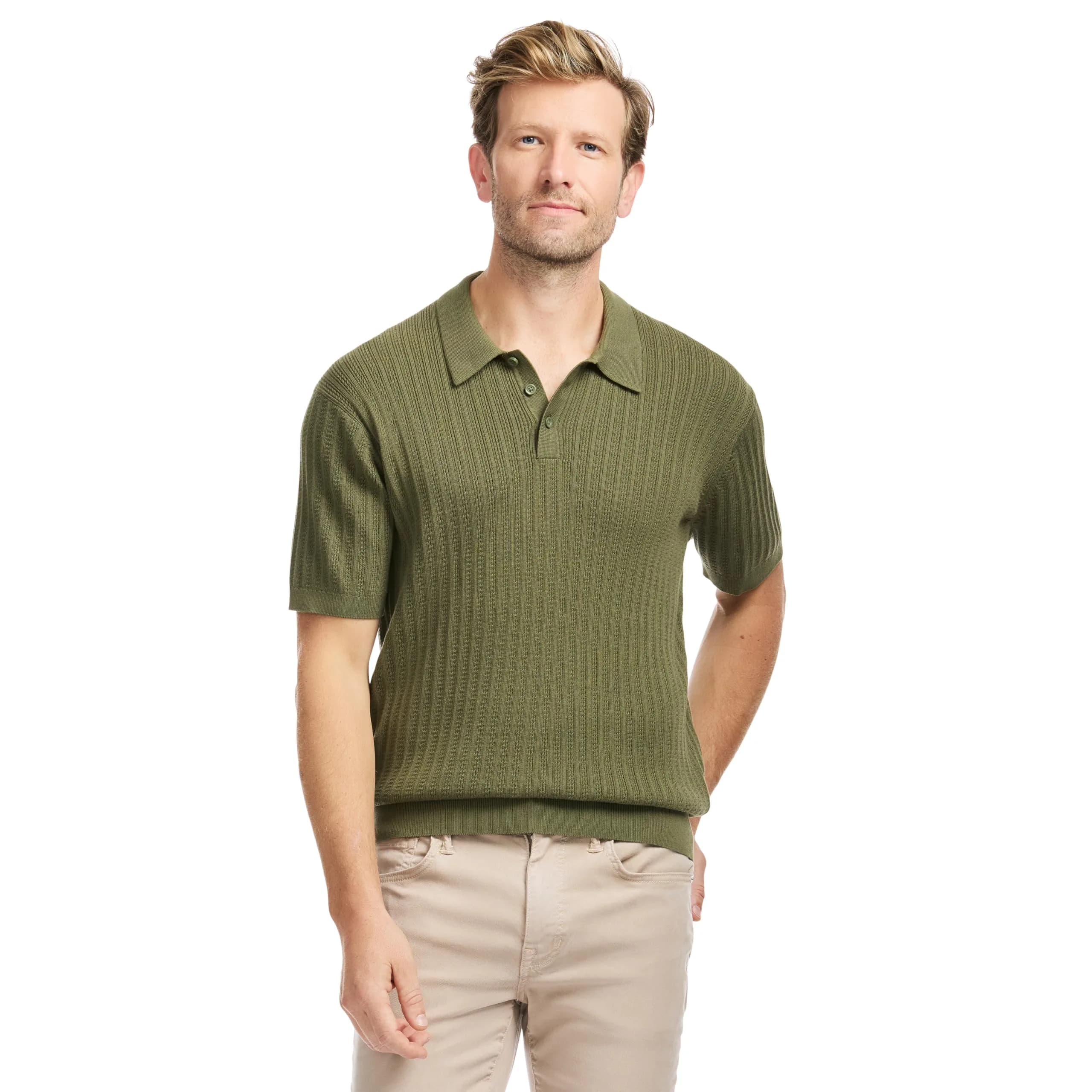 SAKS Fifth Avenue Men's Short Sleeve Vertical Texture Rib Knit Sweater Polo, Premium Cotton Blend Knit Top, Classic-Fit & Richly Detailed, Olive, XL | Breathable & Stylish - main product image