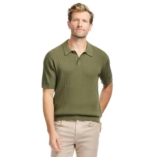 SAKS Fifth Avenue Men's Short Sleeve Vertical Texture Rib Knit Sweater Polo, Premium Cotton Blend Knit Top, Classic-Fit & Richly Detailed, Olive, XL | Breathable & Stylish thumbnail 1