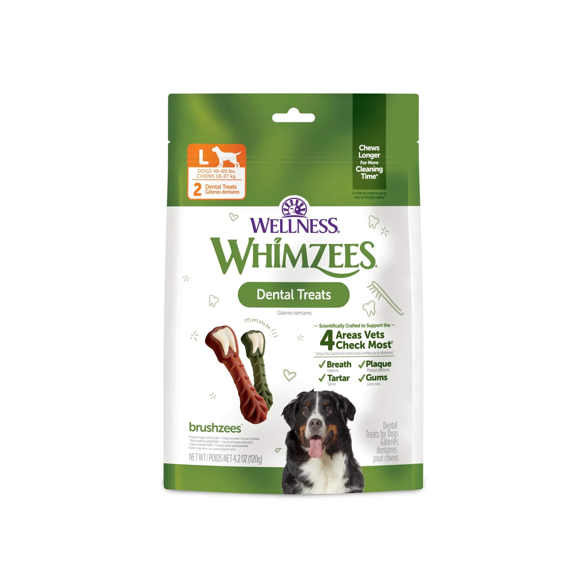 Whimzees Brushzees Natural Dog Dental Treat Small Size 4.2 oz (119 g) Bag, 8 Count | VOHC Accepted Chews for Daily Dental Care — Large Size
