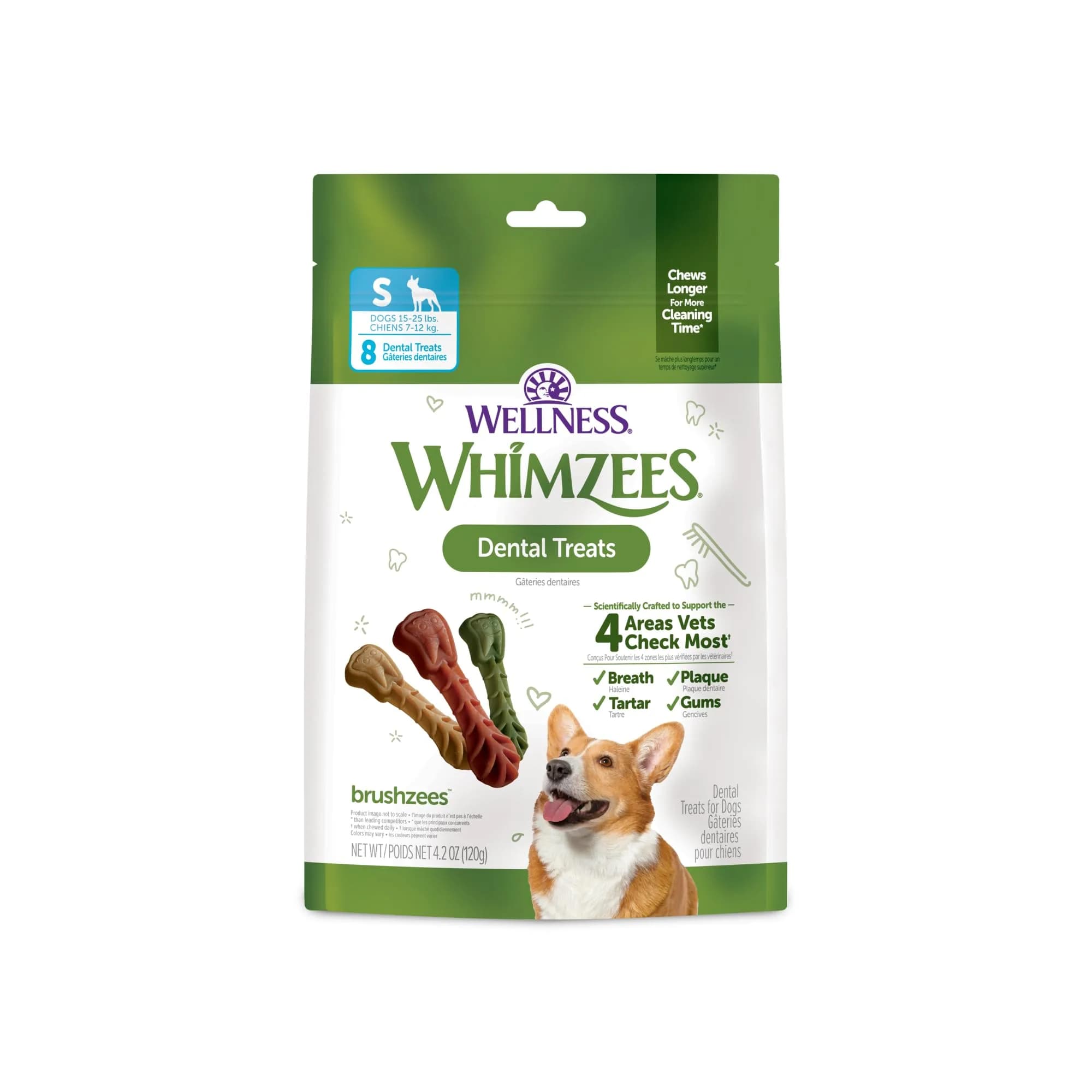 Whimzees Brushzees Natural Dog Dental Treat Small Size 4.2 oz (119 g) Bag, 8 Count | VOHC Accepted Chews for Daily Dental Care — Small Size