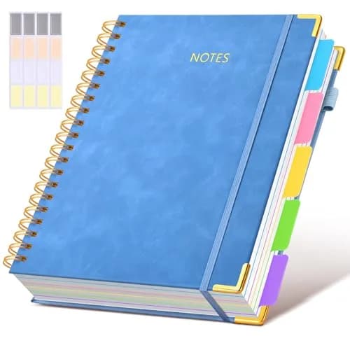 dilitego Hardcover Spiral Notebook Journal with Dividers, 300 Pages Leather 5 Subject Notebook, 8"x10" B5, Light Blue — Light blue / 8"x10"