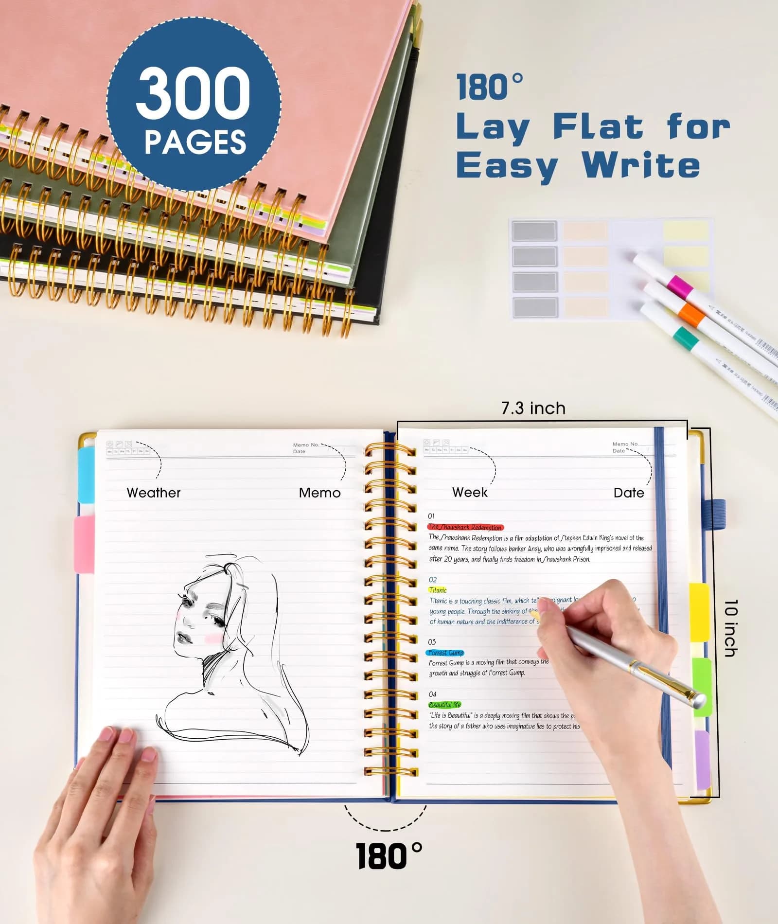 dilitego Hardcover Spiral Notebook Journal with Dividers, 300 Pages Leather 5 Subject Notebook, 8"x10" B5, Light Blue