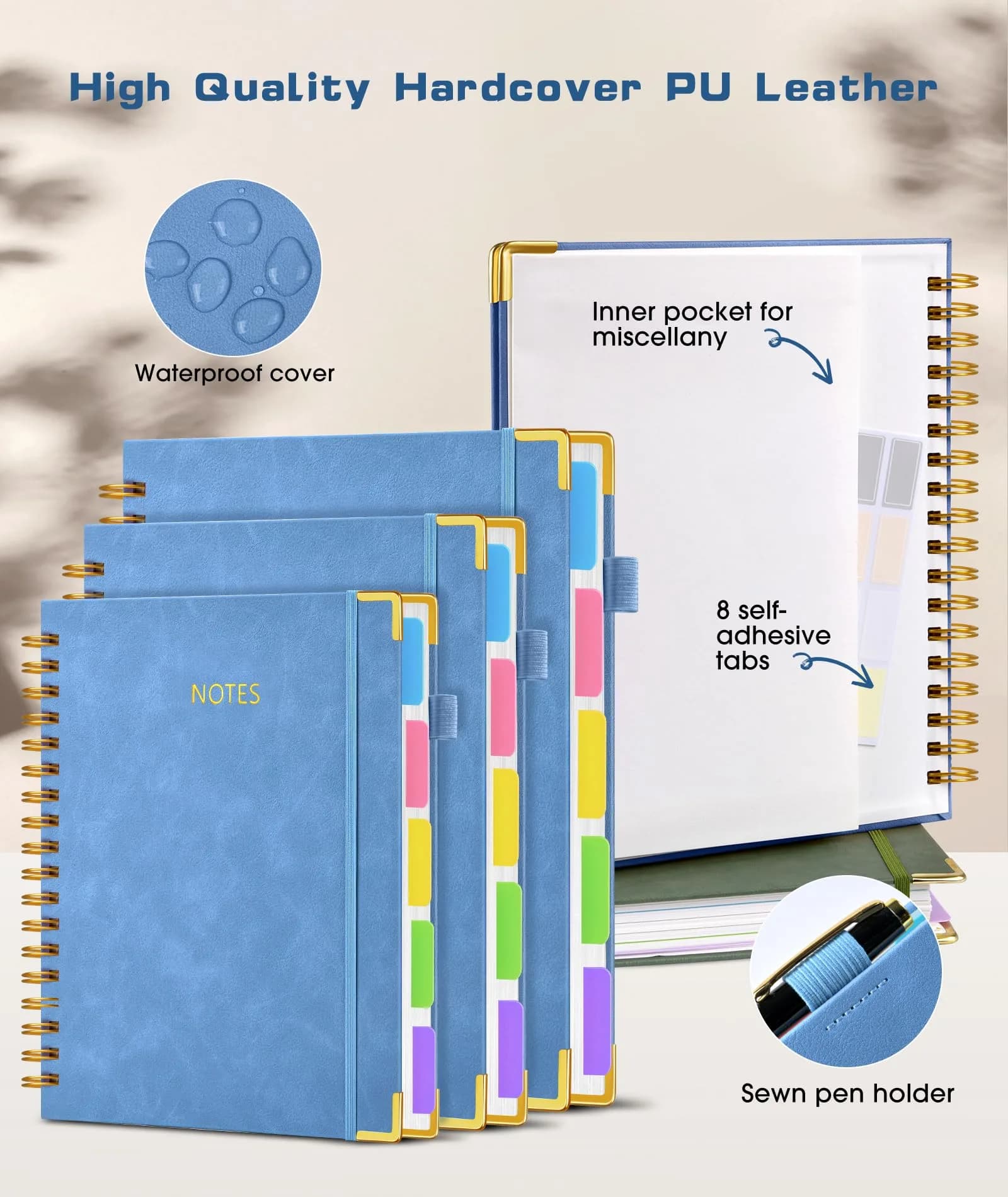 dilitego Hardcover Spiral Notebook Journal with Dividers, 300 Pages Leather 5 Subject Notebook, 8"x10" B5, Light Blue thumbnail 2
