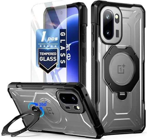 Poetic OnePlus 15R Case | 360° Magnetic Ring Kickstand | Drop Proof | Tempered Glass Screen Protector | Matte Translucent Cover | Black/Clear thumbnail 1